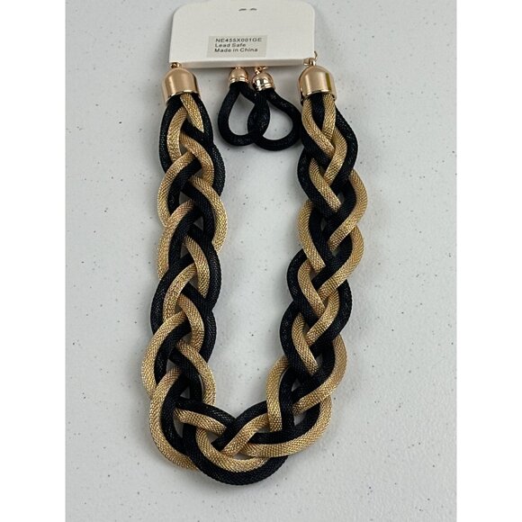 Gold & Black Braided Necklace With Matching Earrings Statement Jewelry Set - Picture 2 of 3